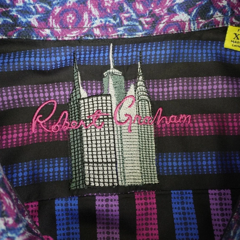 Robert Graham Button Up Shirt Mens XL Purple Blue Striped Flip Cuff Multicolor - Picture 7 of 15